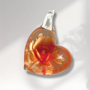 Blown Art Glass Pendant Puffy Heart Flower Orange Floral Feminine Unique Jewelry